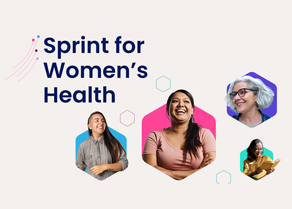Sprint for Women’s Health; photos of different women with hexagonal background shapes