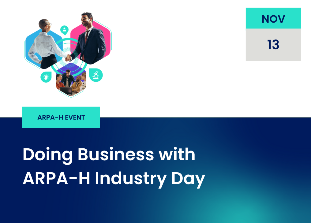 ARPA-H-Hosted Event, Doing Business with ARPA-H Industry Day; illustration features a group of people smiling gathered around a laptop and two people shaking hands