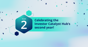 Hexagon reading Year 2; Celebrating the Investor Catalyst Hub’s second year!; illustration of confetti