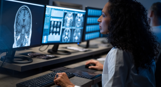 ImagiNg Data EXchange (INDEX) program; photo of a medical professional at a computer looking at scans
